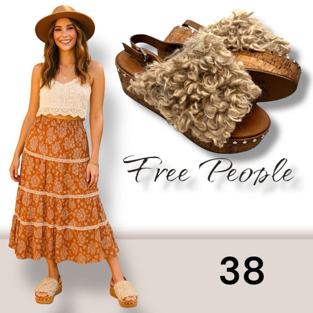 Free People Women's Faux FurโPeep Toe Compass Platform Sandals BOHO Size 38
